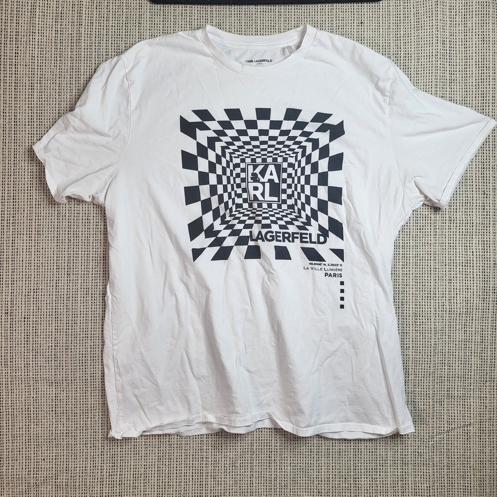 Karl Lagerfeld Shirt‎ Mens 2XL White Black Paris Optical Illusion Graphic Tee